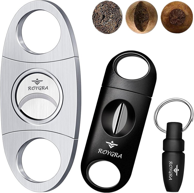 roygra Cigar Cutter Set (3 Pack), Cigar Accessories for Men - Stainless Steel Guillotine, Enlarged V-Cut Fit All Cigars, Punch Tool - Smoking Accessories, Portable Sharp Clean Cut - Silver - Image 1